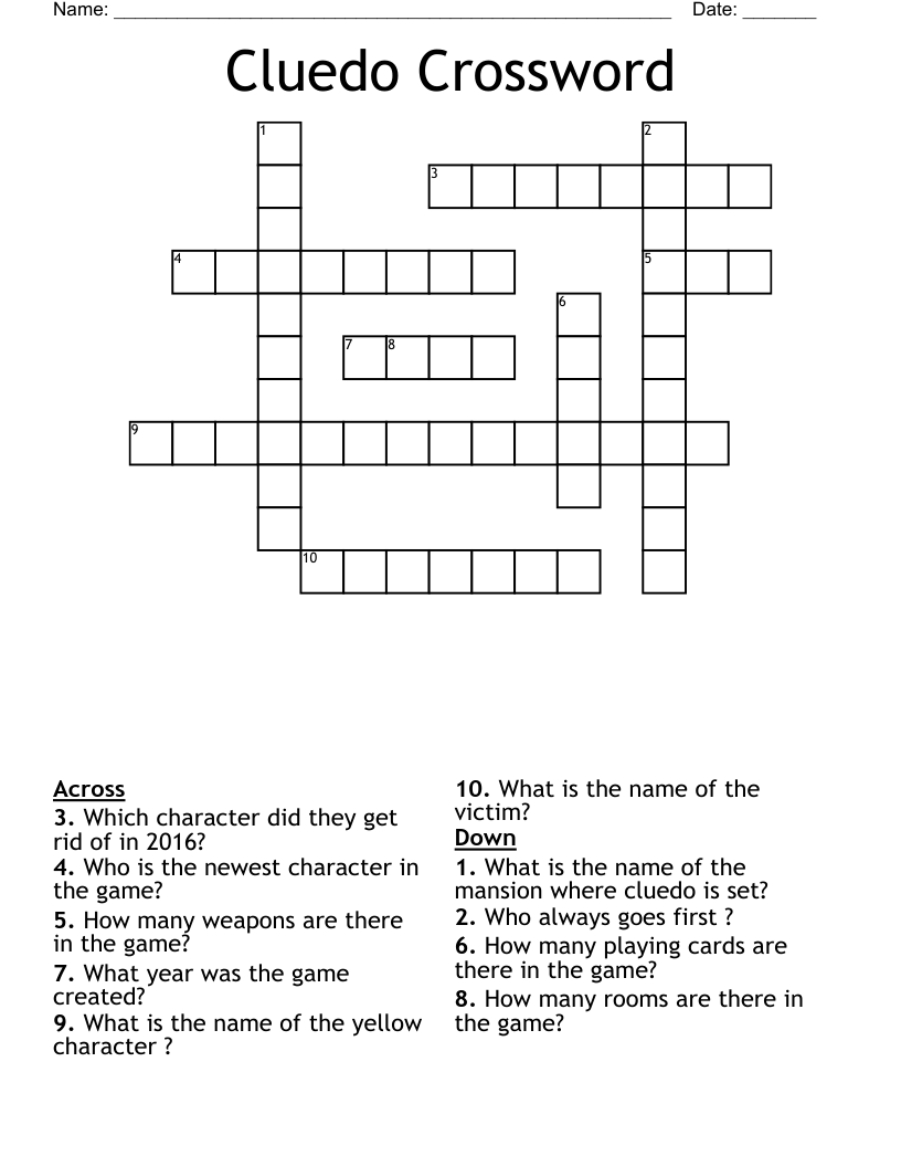 Cluedo Crossword WordMint Cluedo Crossword WordMint