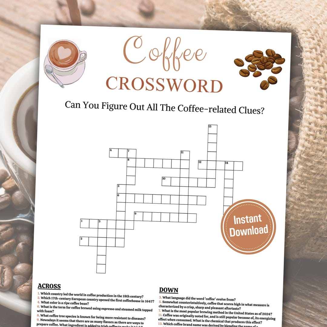 Coffee Crossword Game Printable Coffee Party Crossword Puzzle Coffee Party Trivia Game Word Game With Answers Instant Download PDF Etsy