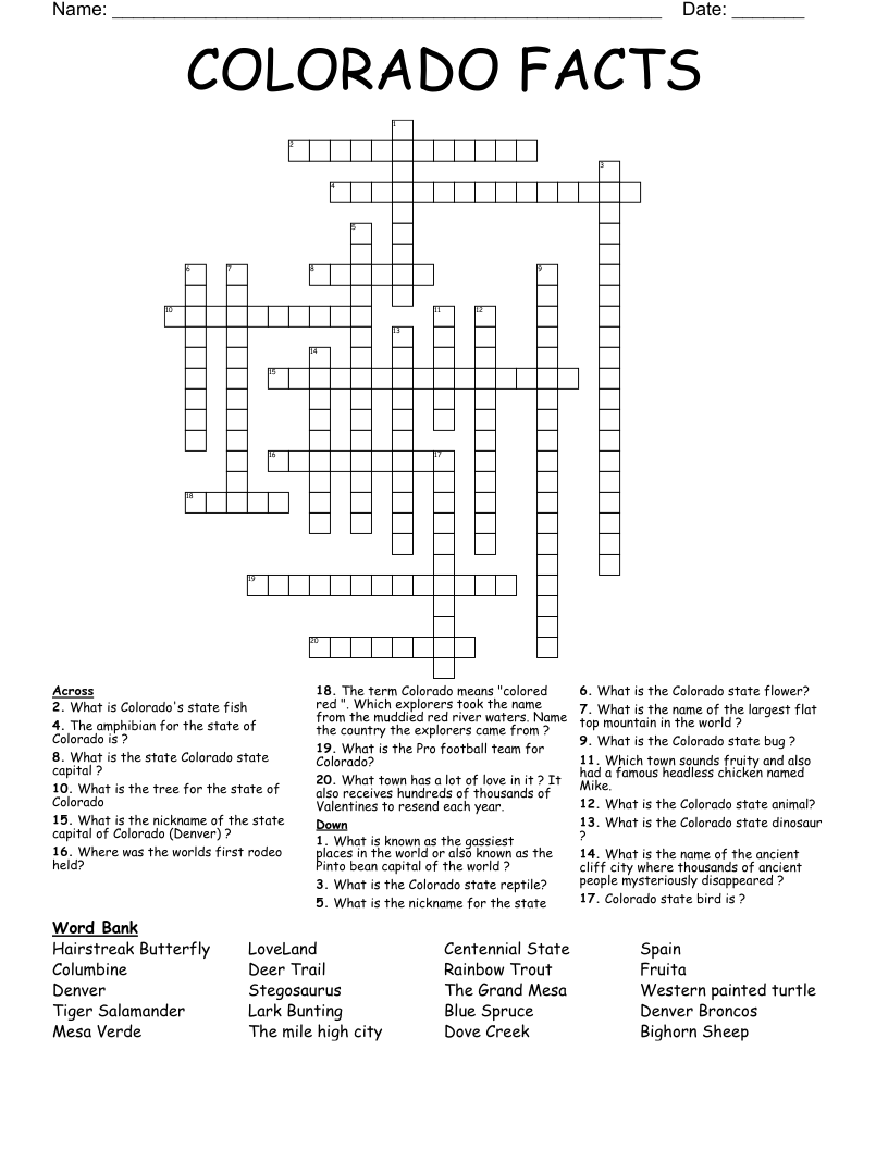 COLORADO FACTS Crossword WordMint