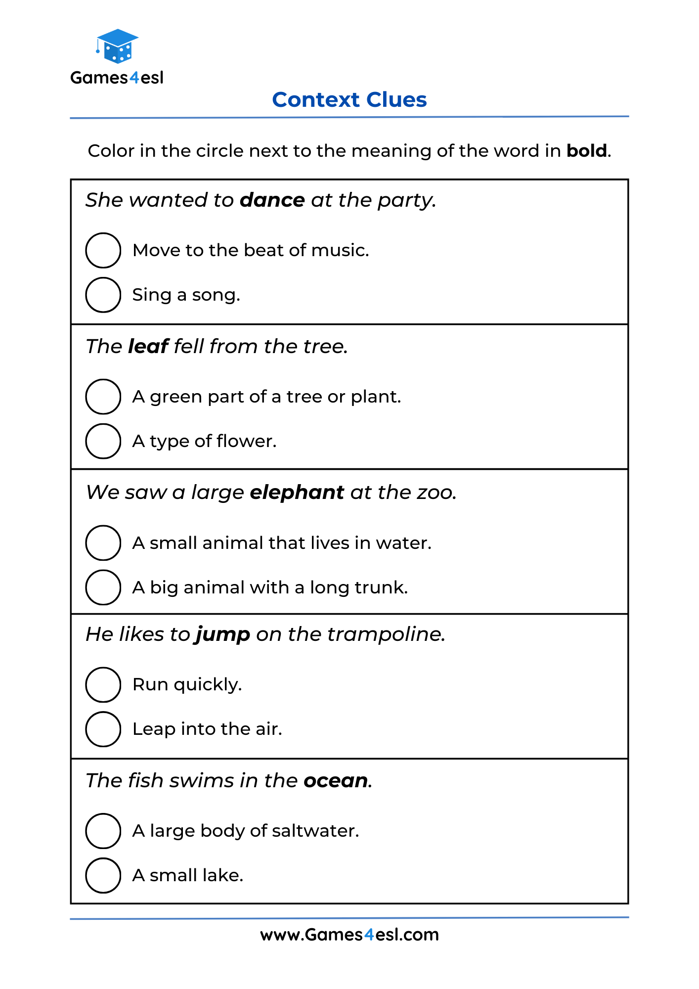Context Clues Worksheets Games4esl
