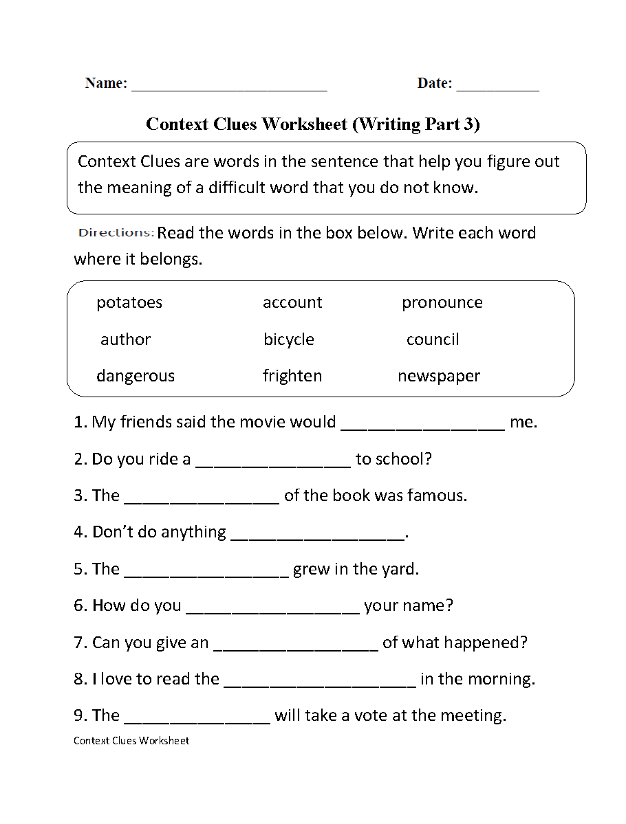 Context Clues Worksheets Printable Vocabulary Inference Activities