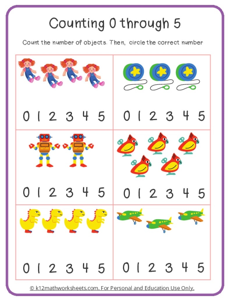 number sheet for kindergarten