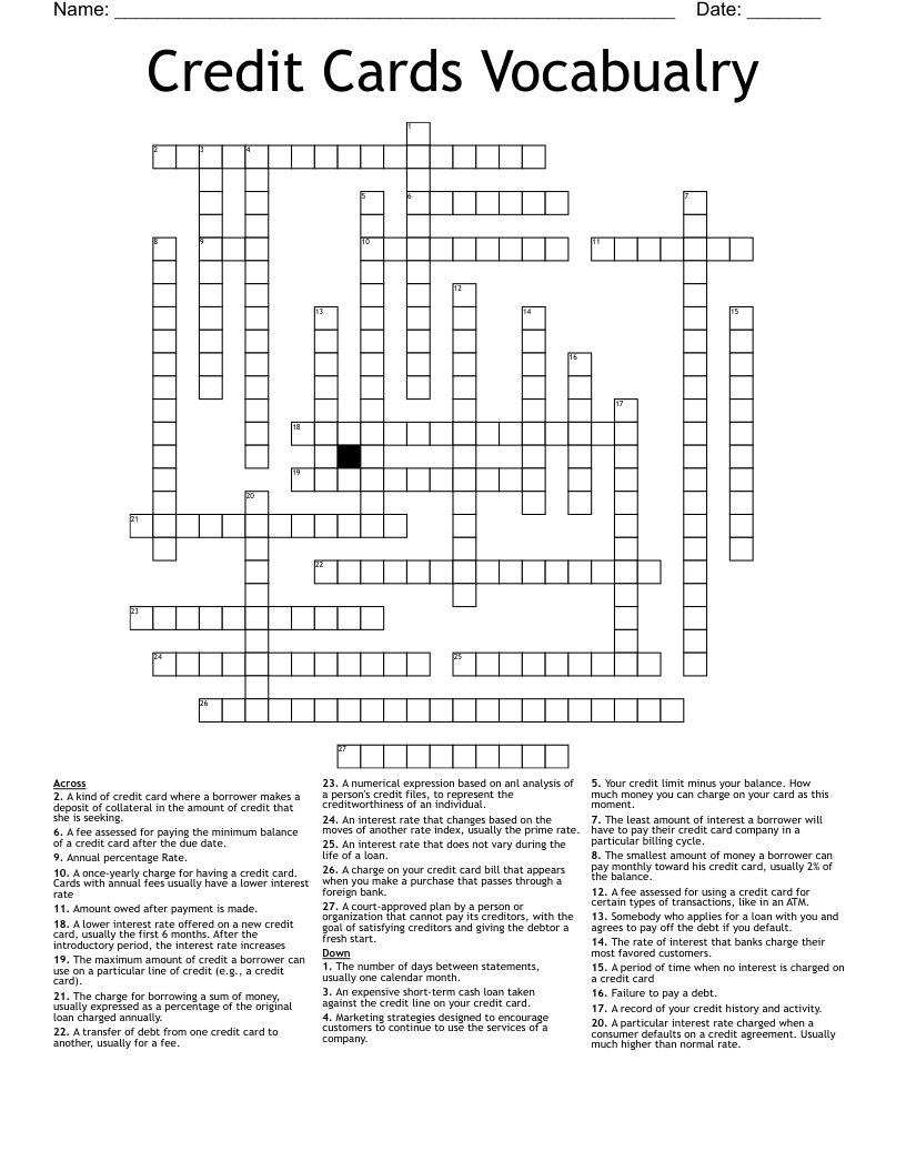 Credit Cards Vocabualry Crossword WordMint Credit Cards Vocabualry Crossword WordMint