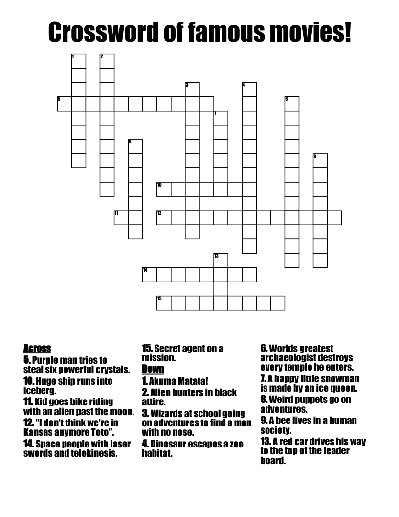 Crossword Of Famous Movies WordMint Crossword Of Famous Movies WordMint