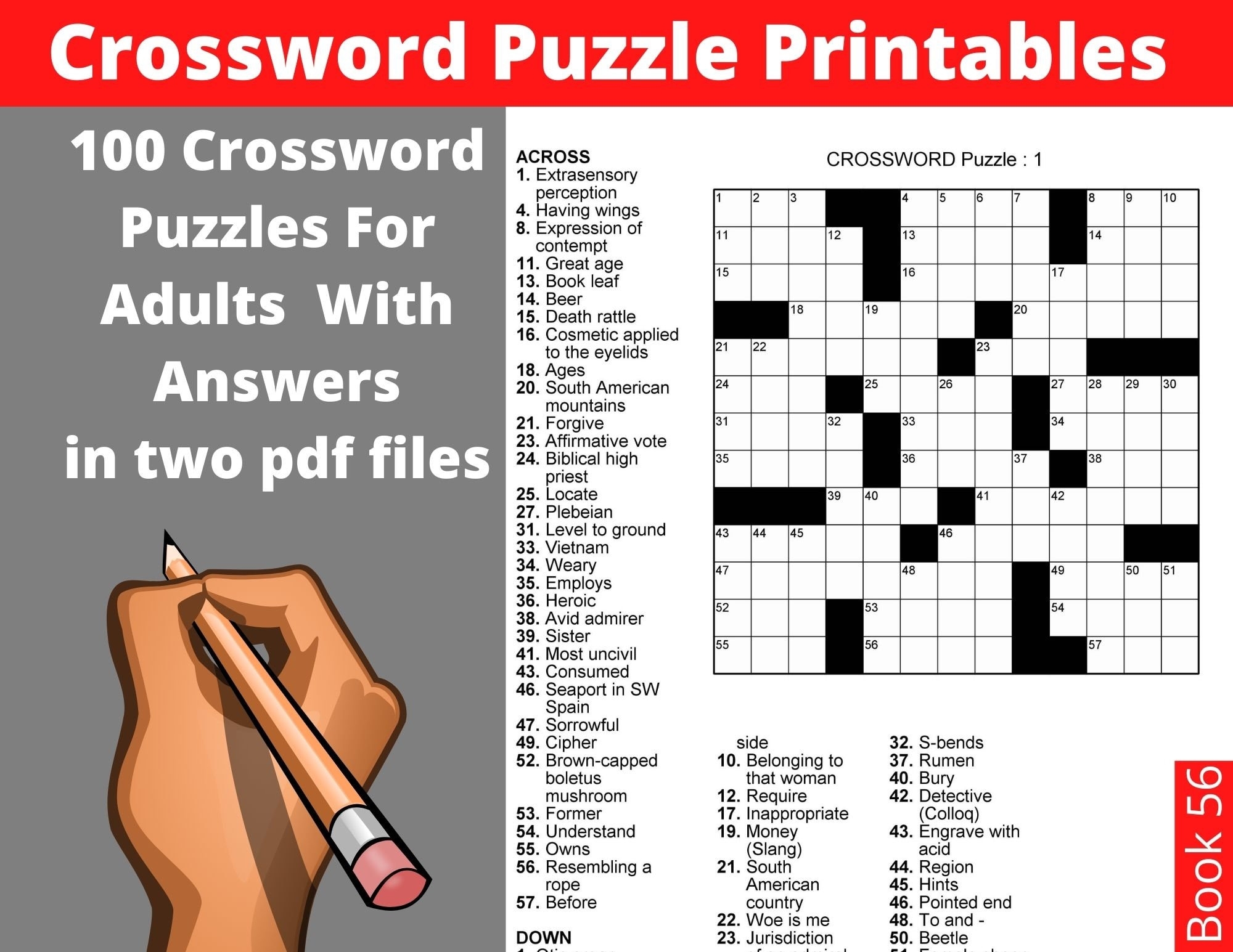 Crossword Puzzle Printables For Adults 100 Crosswords With Solutions Instant Download Large Print Fun Activities Book For Seniors Etsy