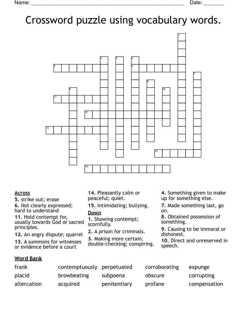 Crossword Puzzle Using Vocabulary Words WordMint