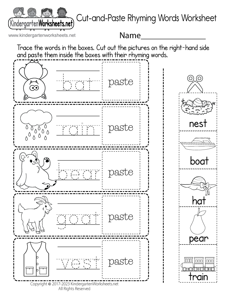 Cut and Paste Rhyming Words Worksheet Free Printable Digital PDF