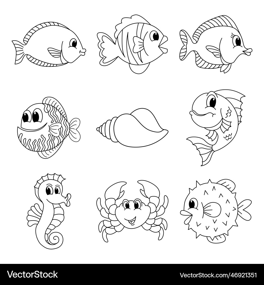 Cute Sea Fish Set Cartoon Coloring Page Free Vector VectorStock