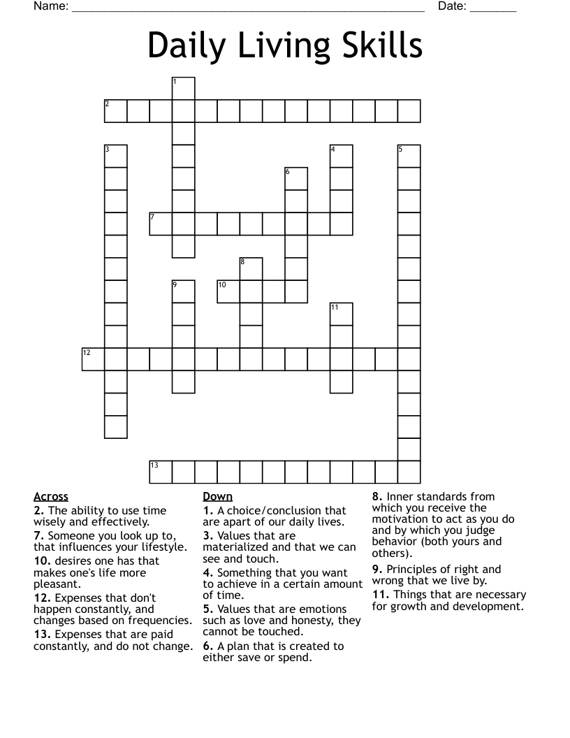 Daily Living Skills Crossword WordMint Daily Living Skills Crossword WordMint