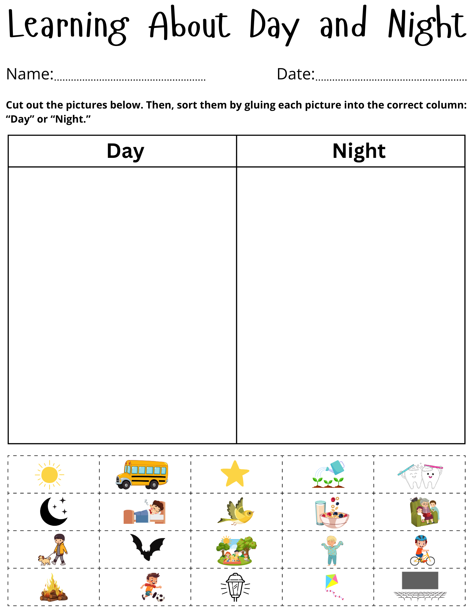 Day And Night Activities Worksheet For Preschool Sorting And Matching Activity Made By Teachers