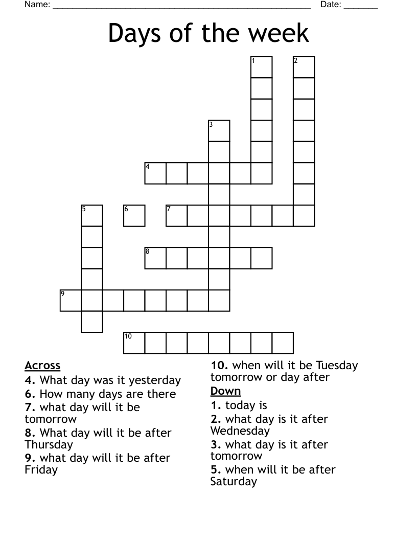Days Of The Week Crossword WordMint