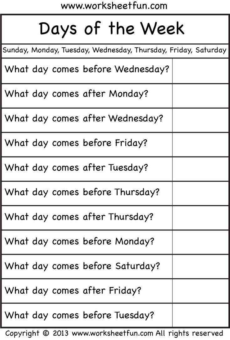 days of the week worksheets