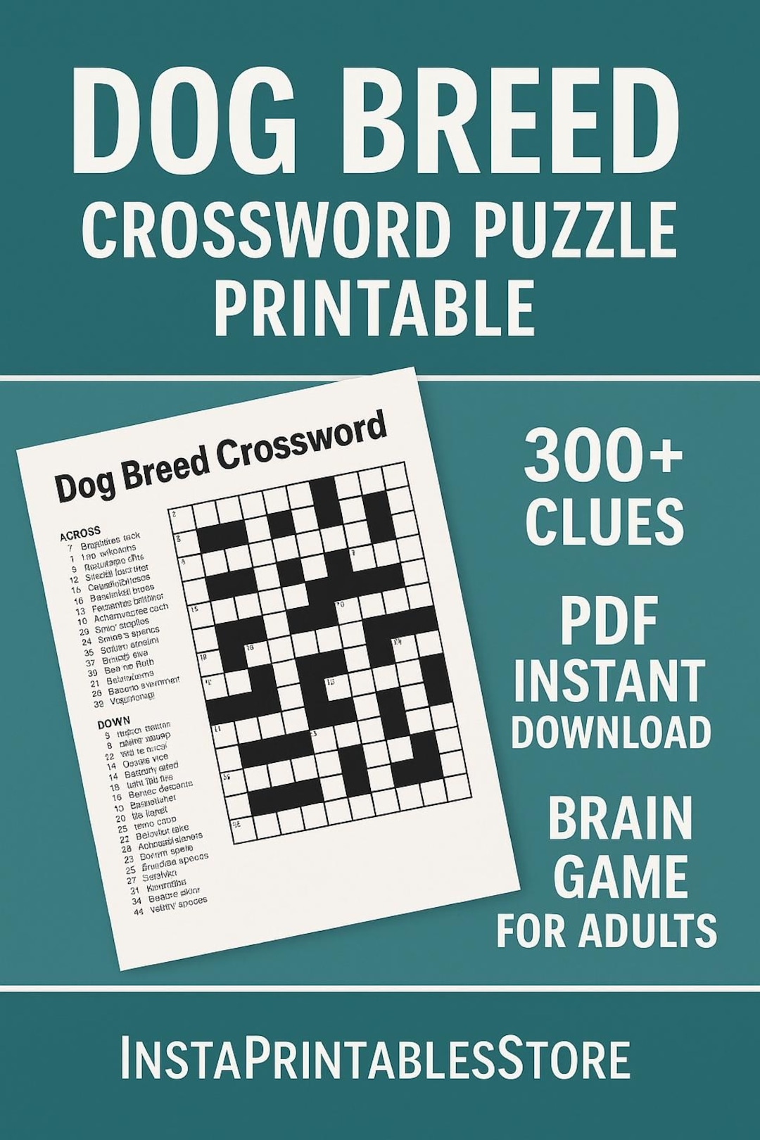Dog Breed Crossword Puzzle Printable 300 Clues PDF Instant Download Brain Game For Adults Etsy