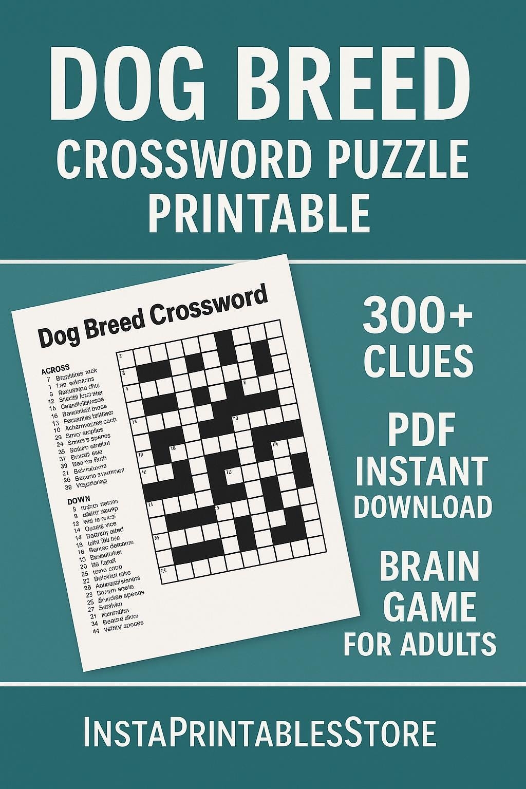 Dog Breed Crossword Puzzle Printable 300 Clues PDF Instant Download Brain Game For Adults Etsy