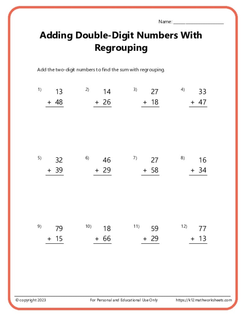 Double Digit Addition With Regrouping Worksheets