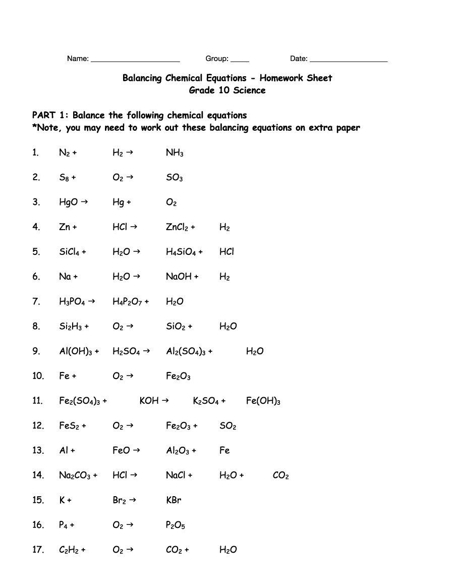 balancing chemical reactions worksheet balancing chemical reactions worksheet