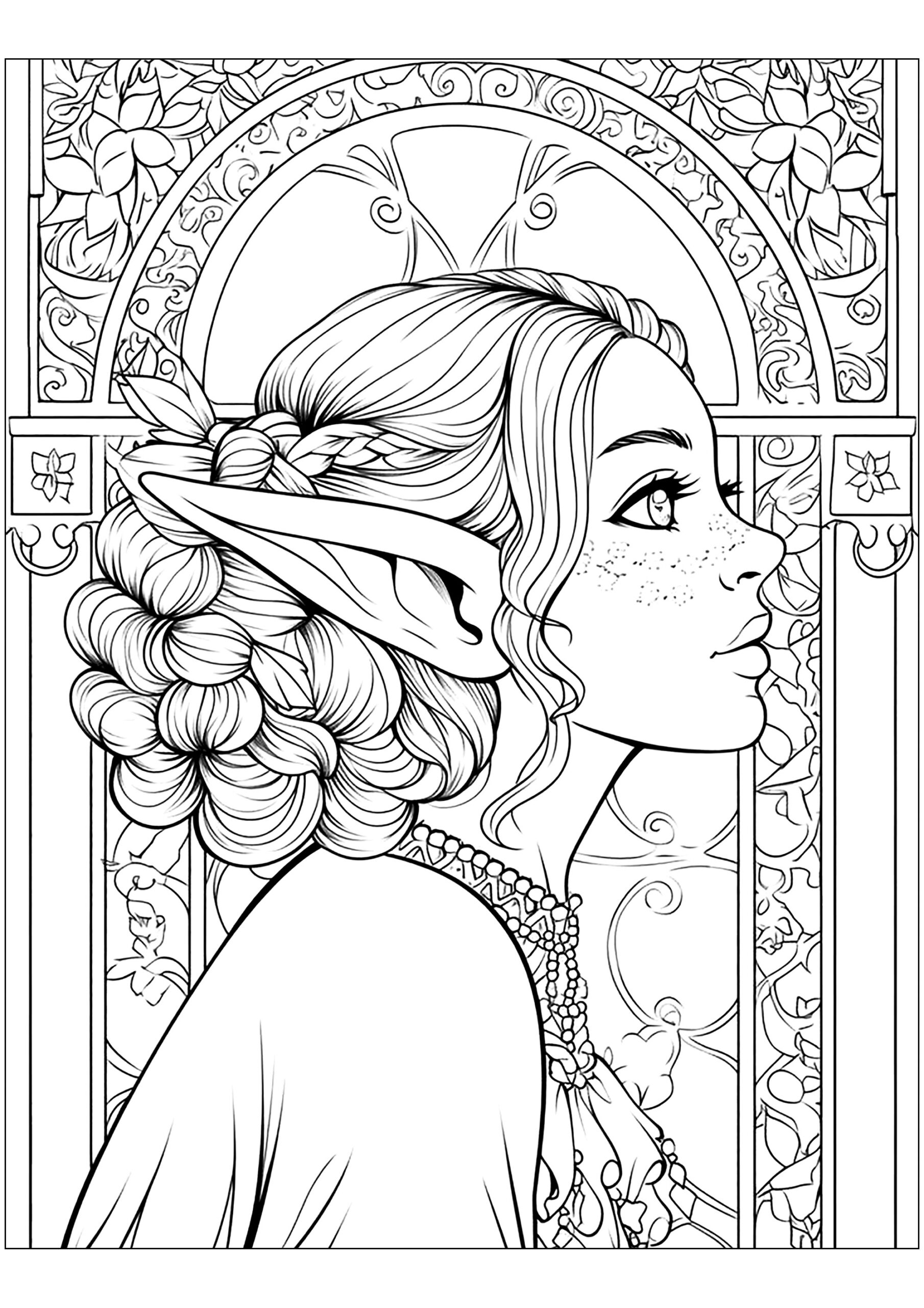 Drawing Of An Elf In Art Nouveau Style Art Nouveau Coloring Pages For Adults