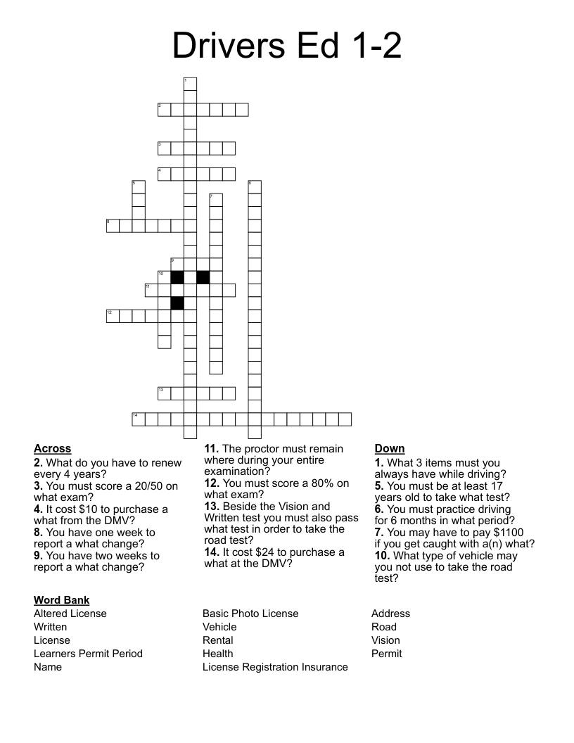 Drivers Ed 1 2 Crossword WordMint