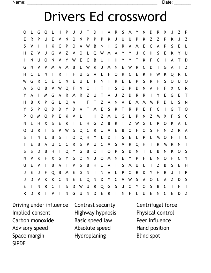 Drivers Ed Crossword Word Search WordMint