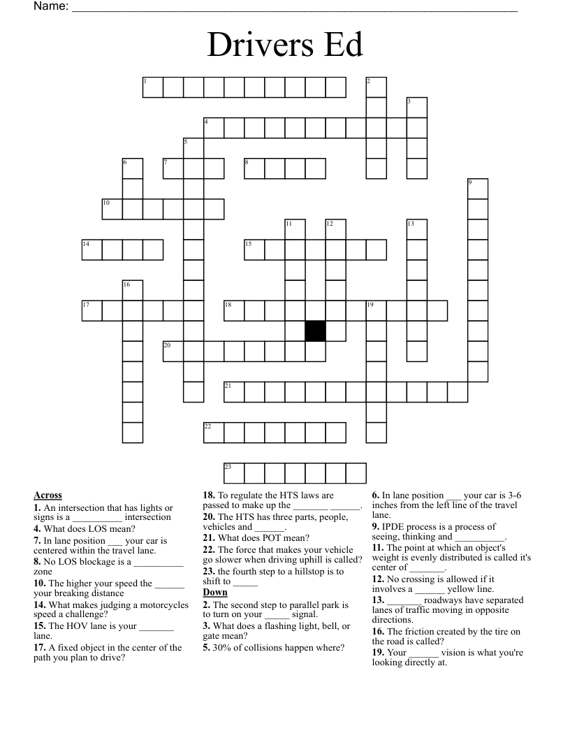 Drivers Ed Crossword WordMint