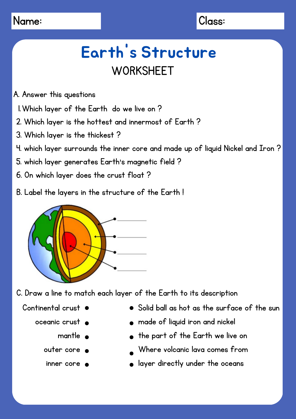 layers of the earth worksheet