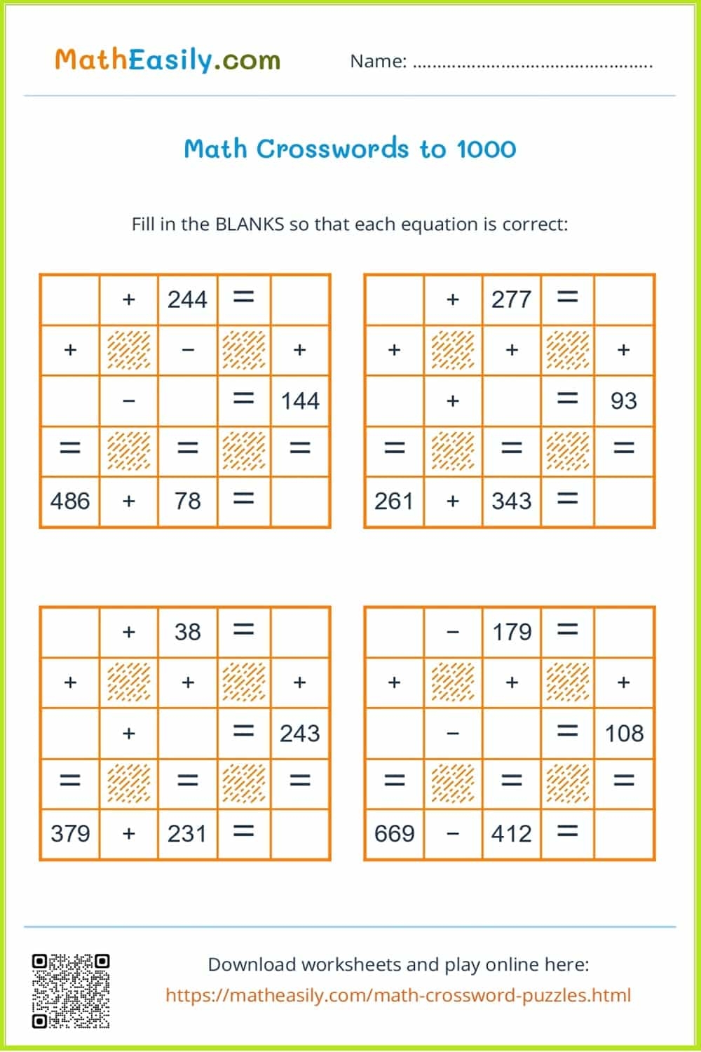 Easy Math Crossword Puzzles Addition And Subtraction