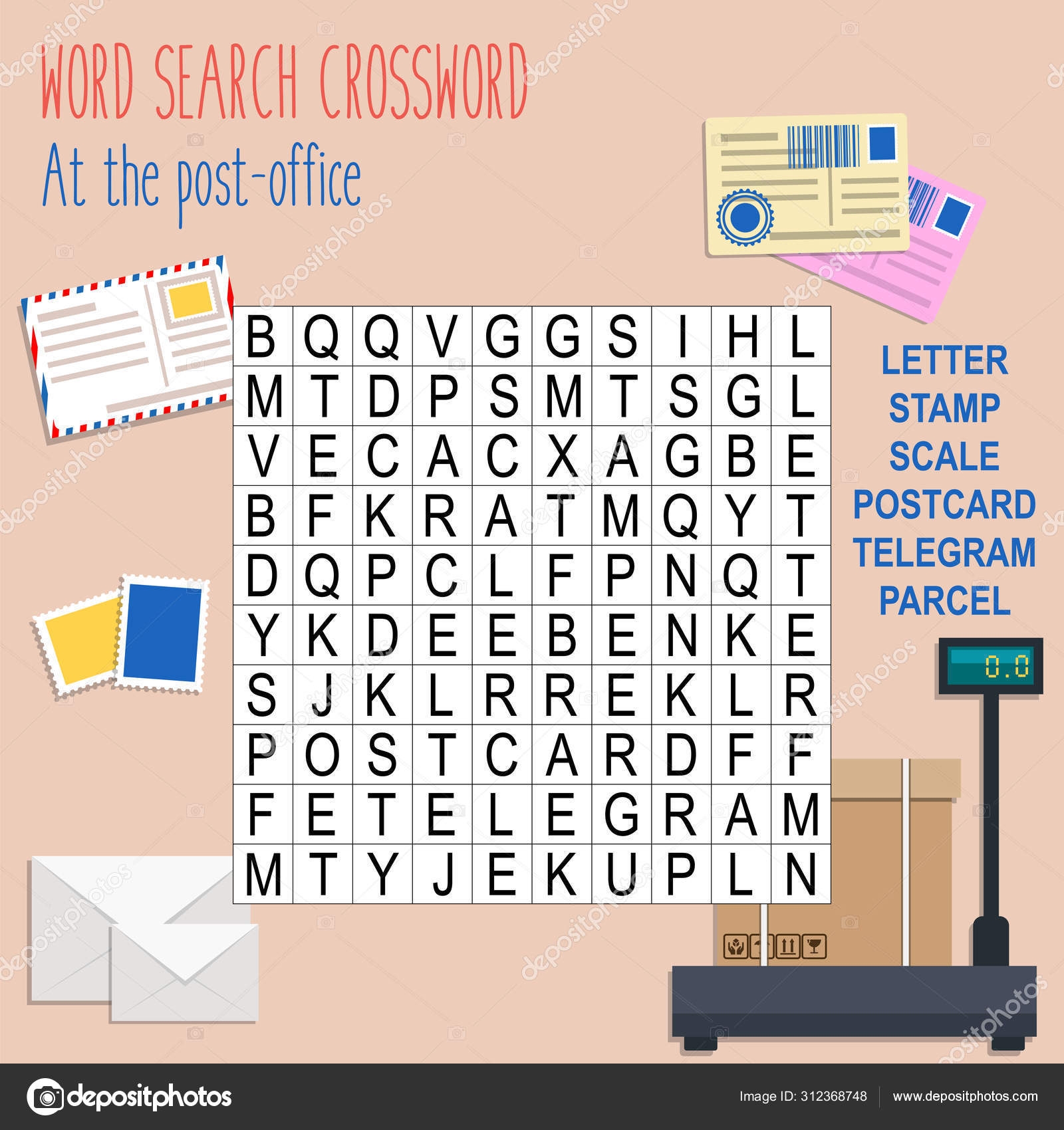 Easy Word Search Crossword Puzzle At Post Office Children Elementary Stock Vector By yekaterinalim 312368748