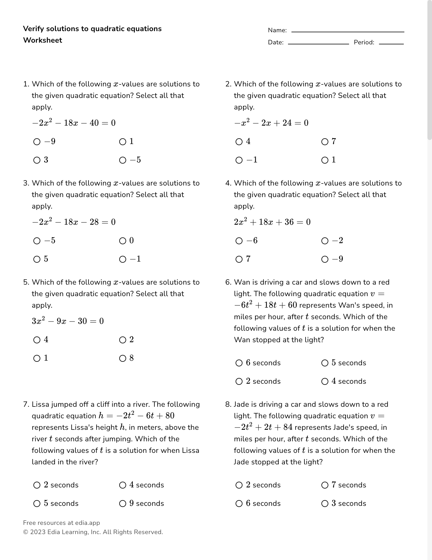 solving quadratic equations worksheet