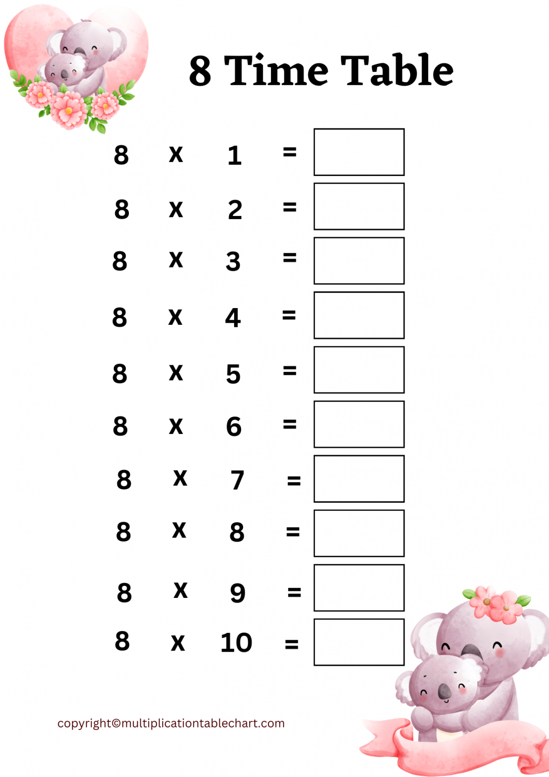 Eight Times Table Worksheet Multiplication Table