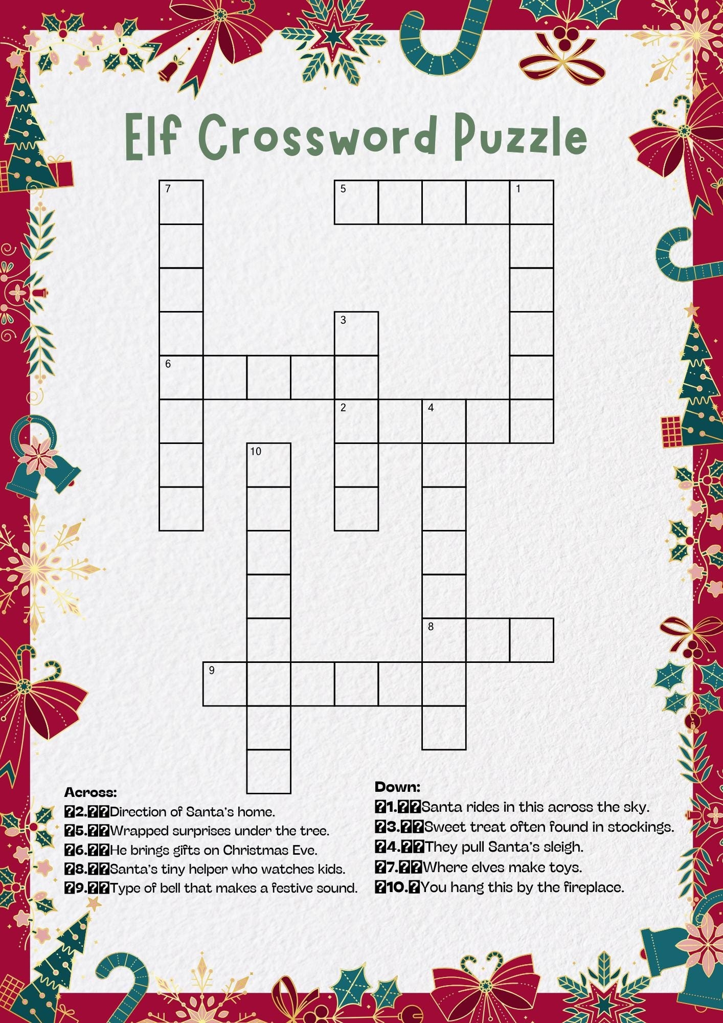 Elf Crossword Puzzle Printable Christmas Activity For Kids Holiday Classroom Game Etsy