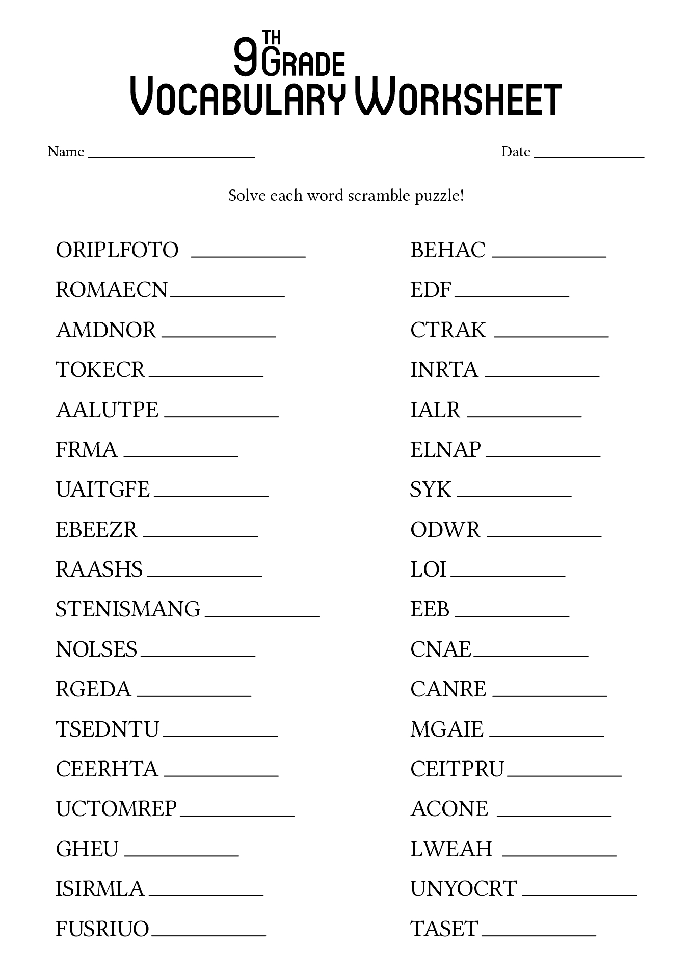 English Worksheets 9th Grade Printables