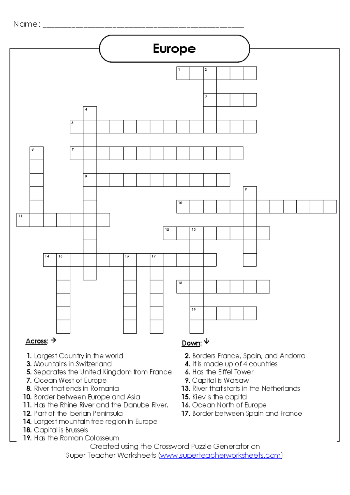 Europe Crossword Puzzle Worksheet Studocu