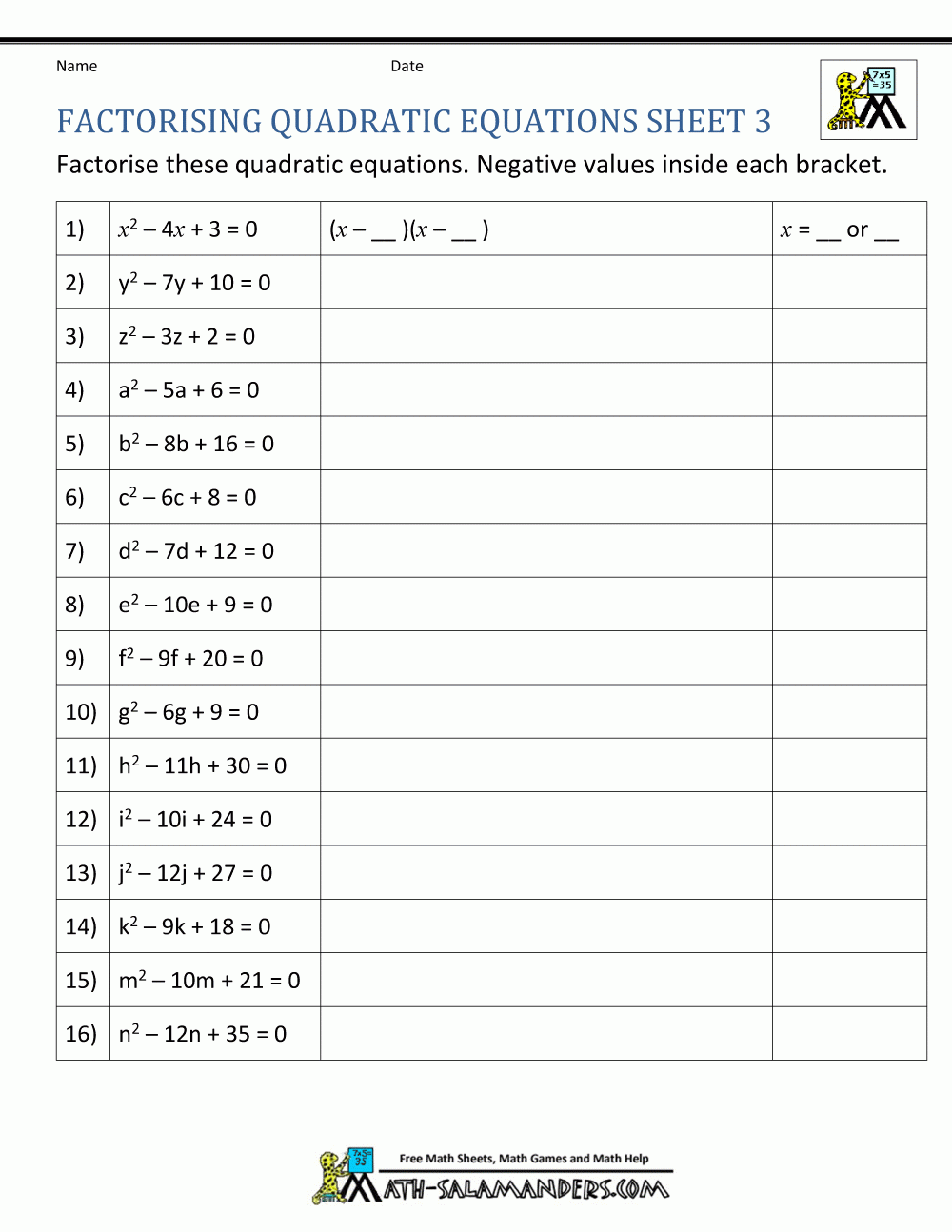 Factoring Quadratic Equations