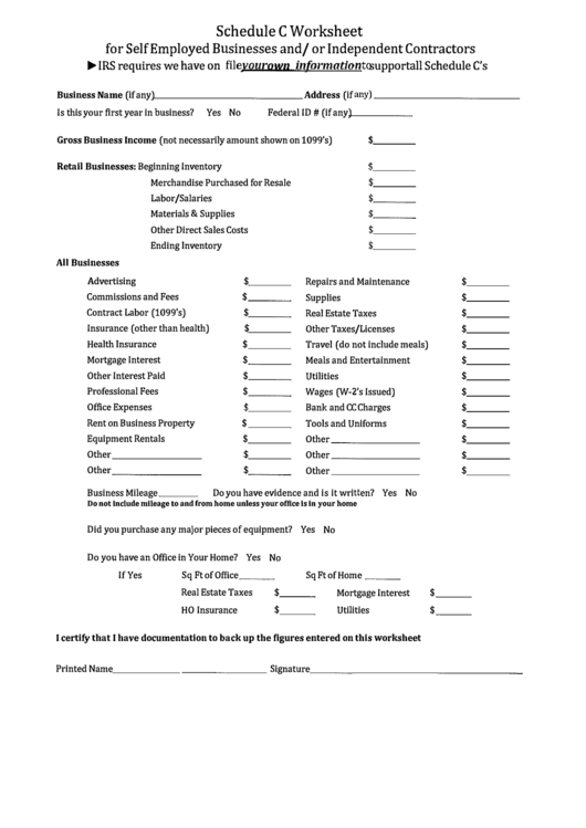 Fillable Schedule C Worksheet For Self Employed Businesses And or 