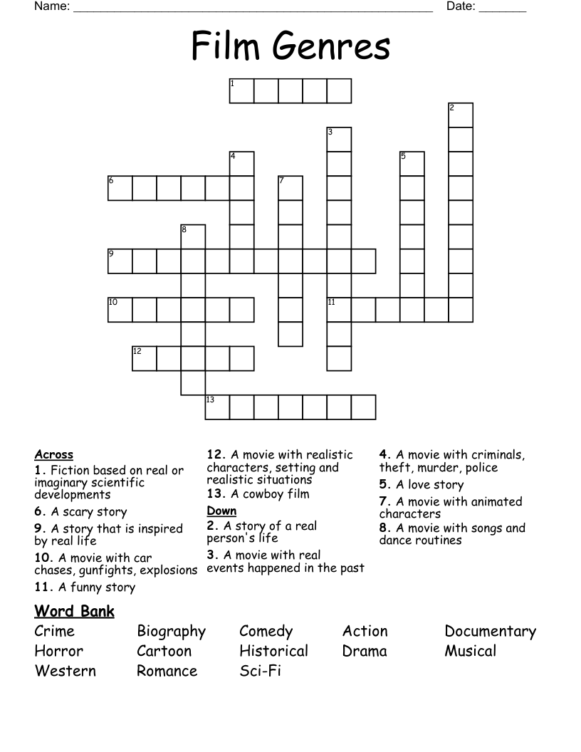 Film Genres Crossword WordMint Film Genres Crossword WordMint