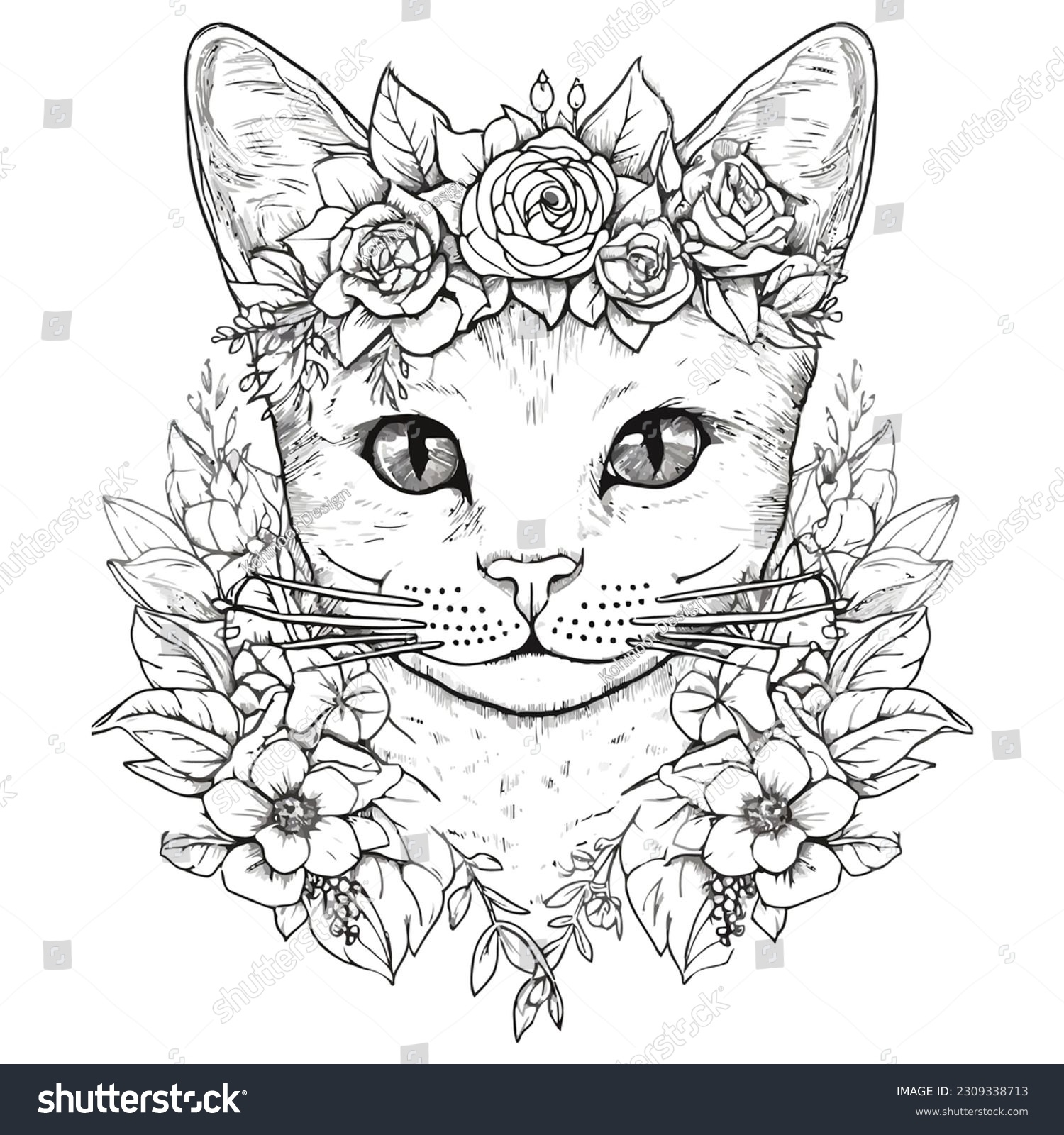 Flower Cat Coloring Pages Adults Stock Vector Royalty Free 2309338713 Shutterstock