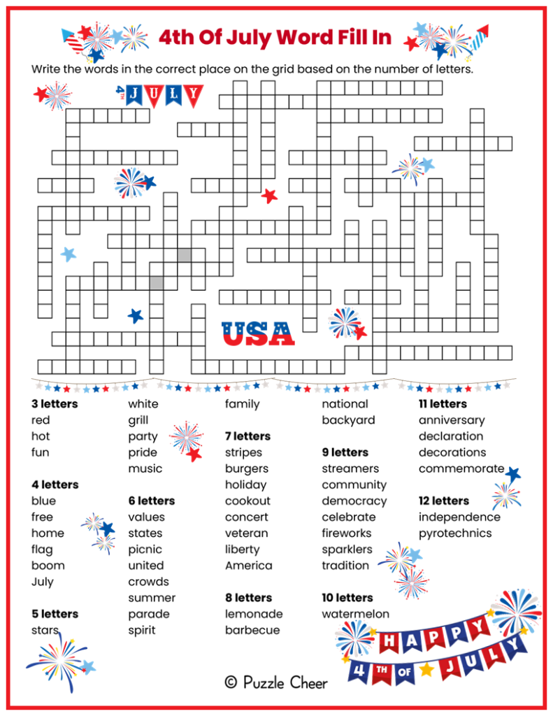 Fourth Of July Word Fill In Puzzle Puzzle Cheer