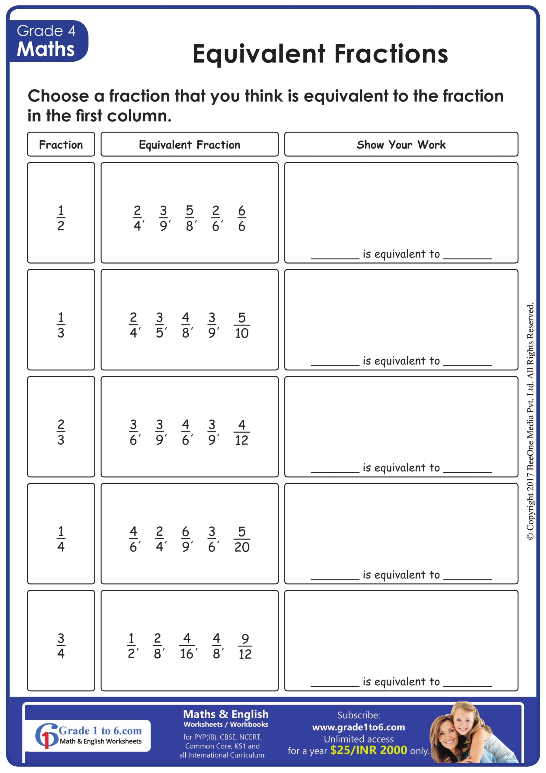 equivalent fractions worksheet grade 4