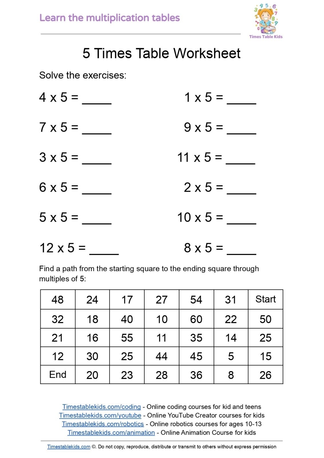 Free 5 Times Table Worksheet PDF Times Tables Kids