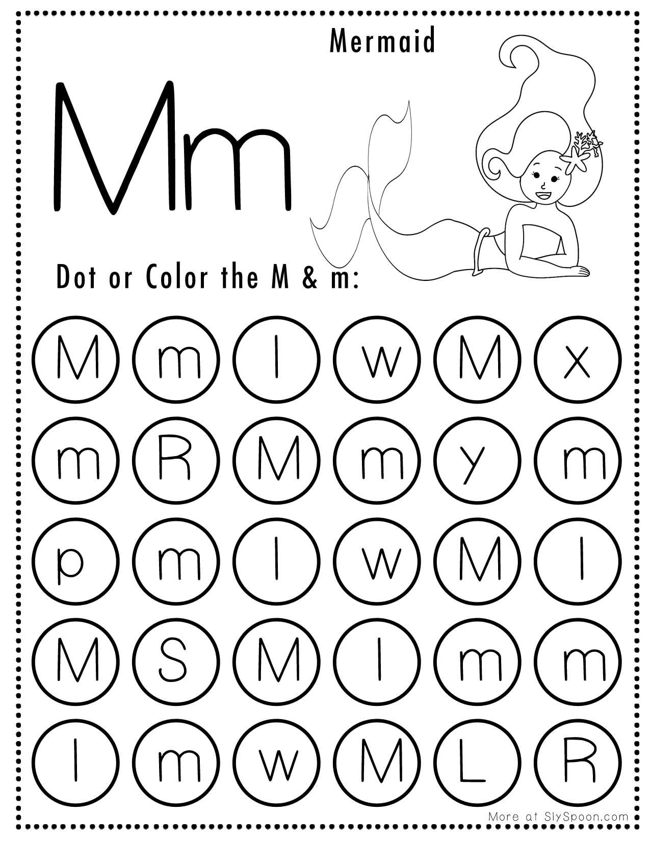 Free Alphabet Do A Dot Printables Worksheets Letter M Mermaid Themed Sly Spoon