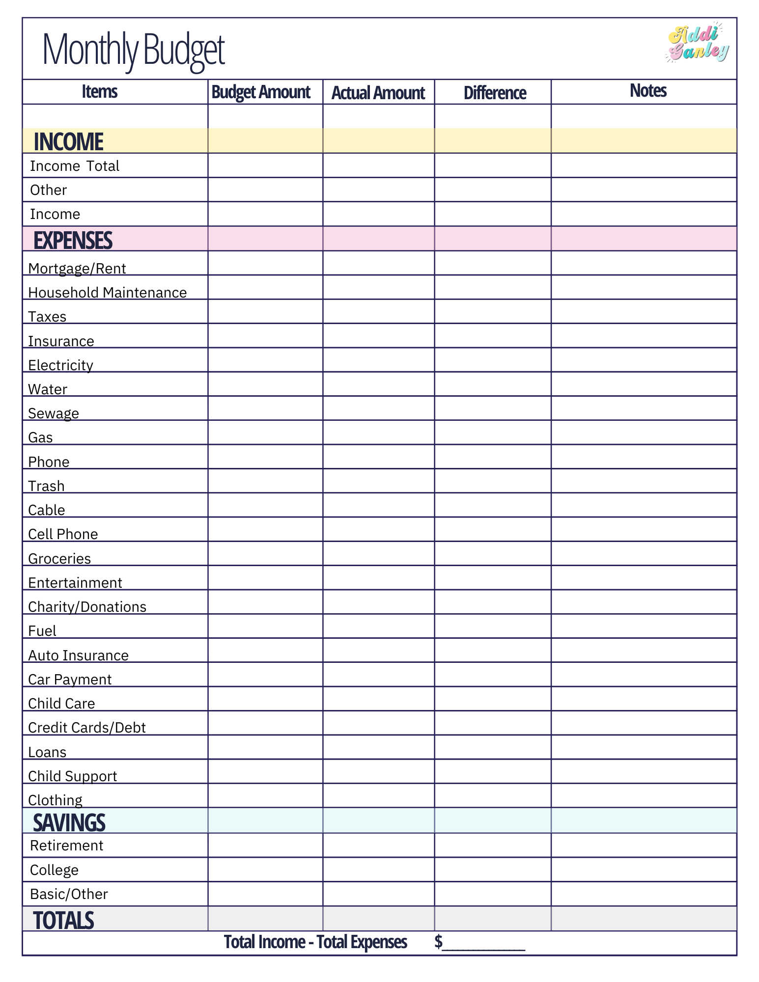 monthly budget worksheet printable
