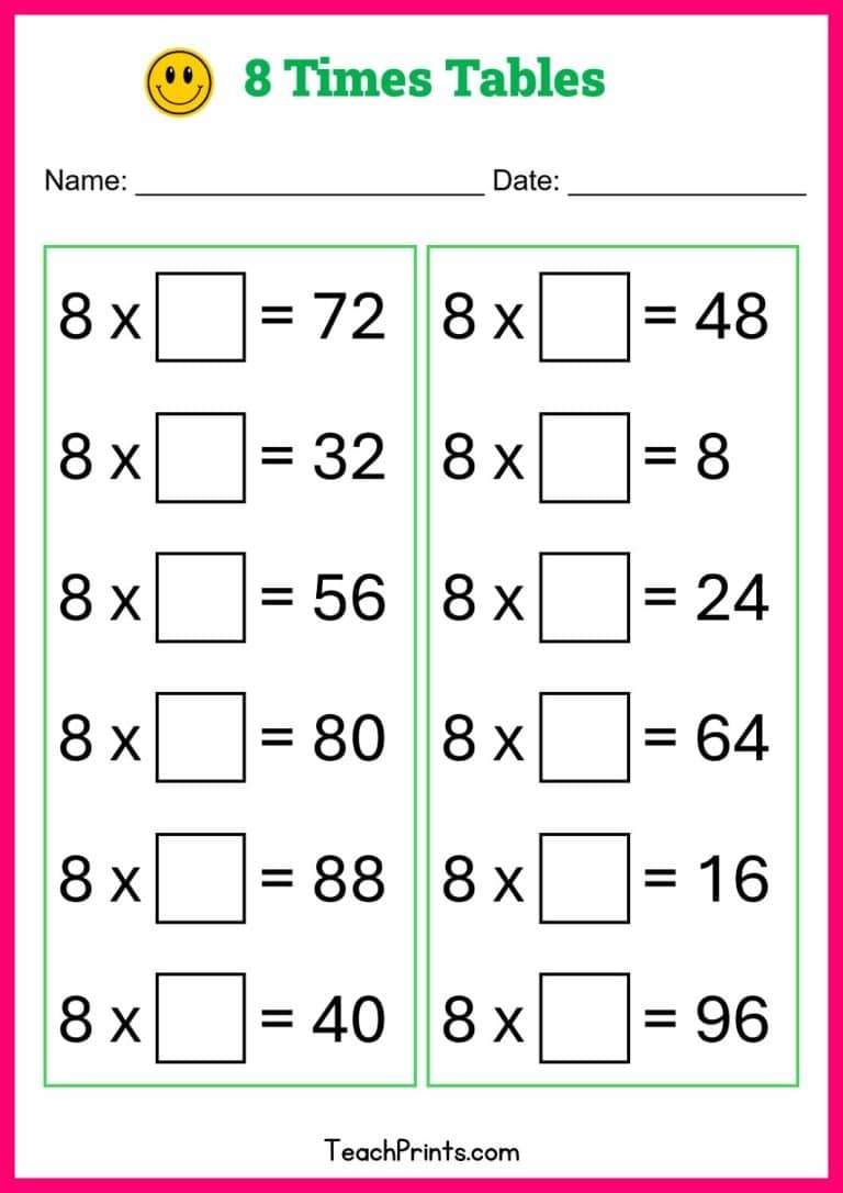 8 times table worksheet free printable