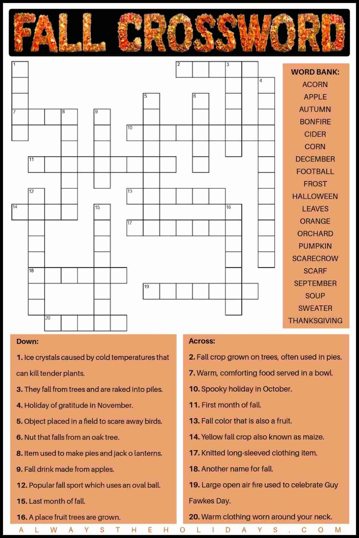Free Fall Crossword Puzzle Printable With Answer Key Included