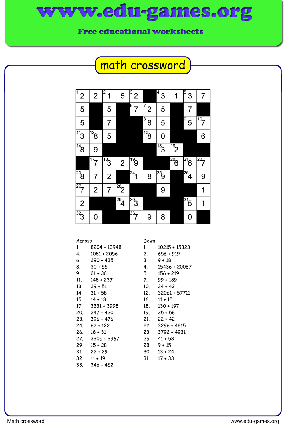 printable math crossword puzzles printable math crossword puzzles