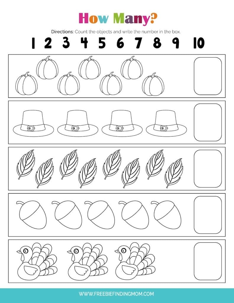 Free Preschool Printable Worksheets Thanksgiving Math