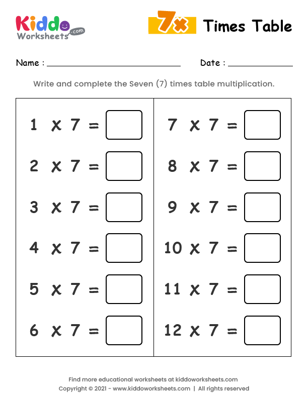 7 times table worksheet free printable