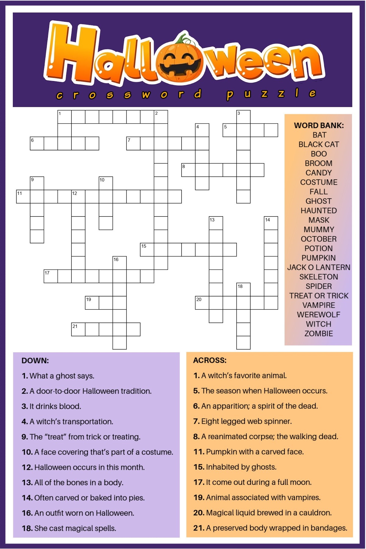 free printable halloween crossword