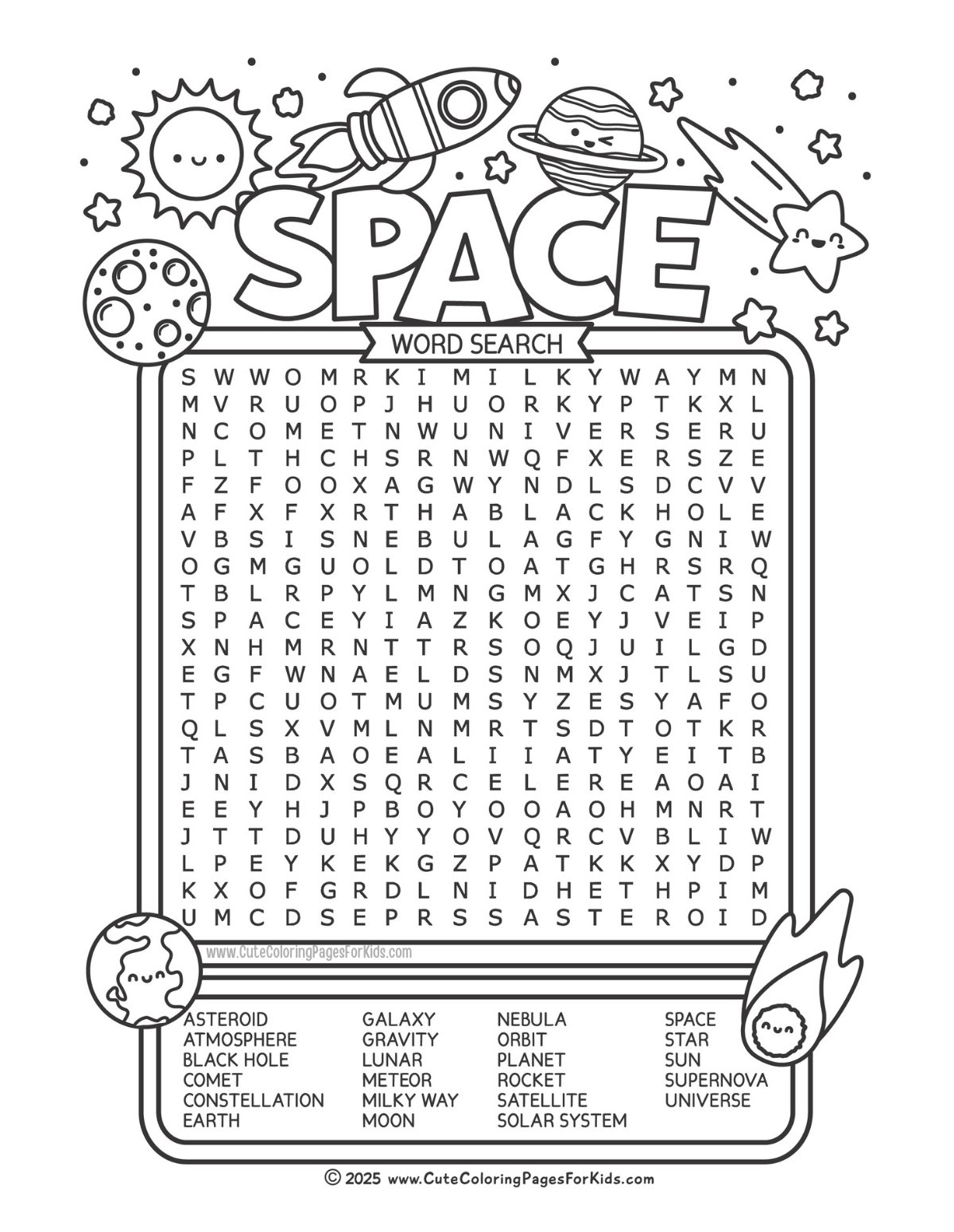 Free Printable Space Word Search For Kids Cute Coloring Pages For Kids