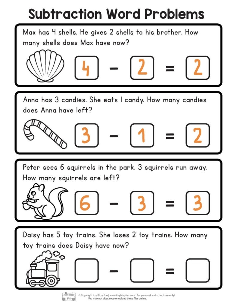 Free Printable Subtraction Word Problems Worksheets For Kindergarten Itsy Bitsy Fun