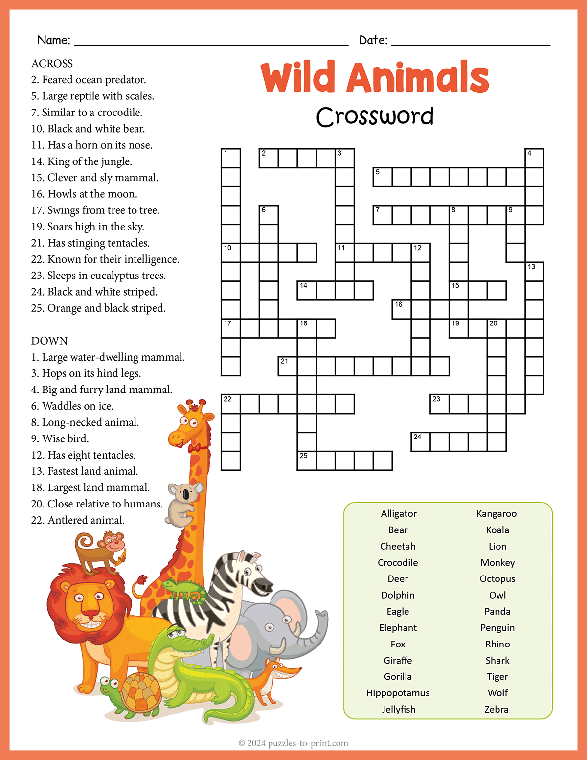 Free Printable Wild Animals Crossword
